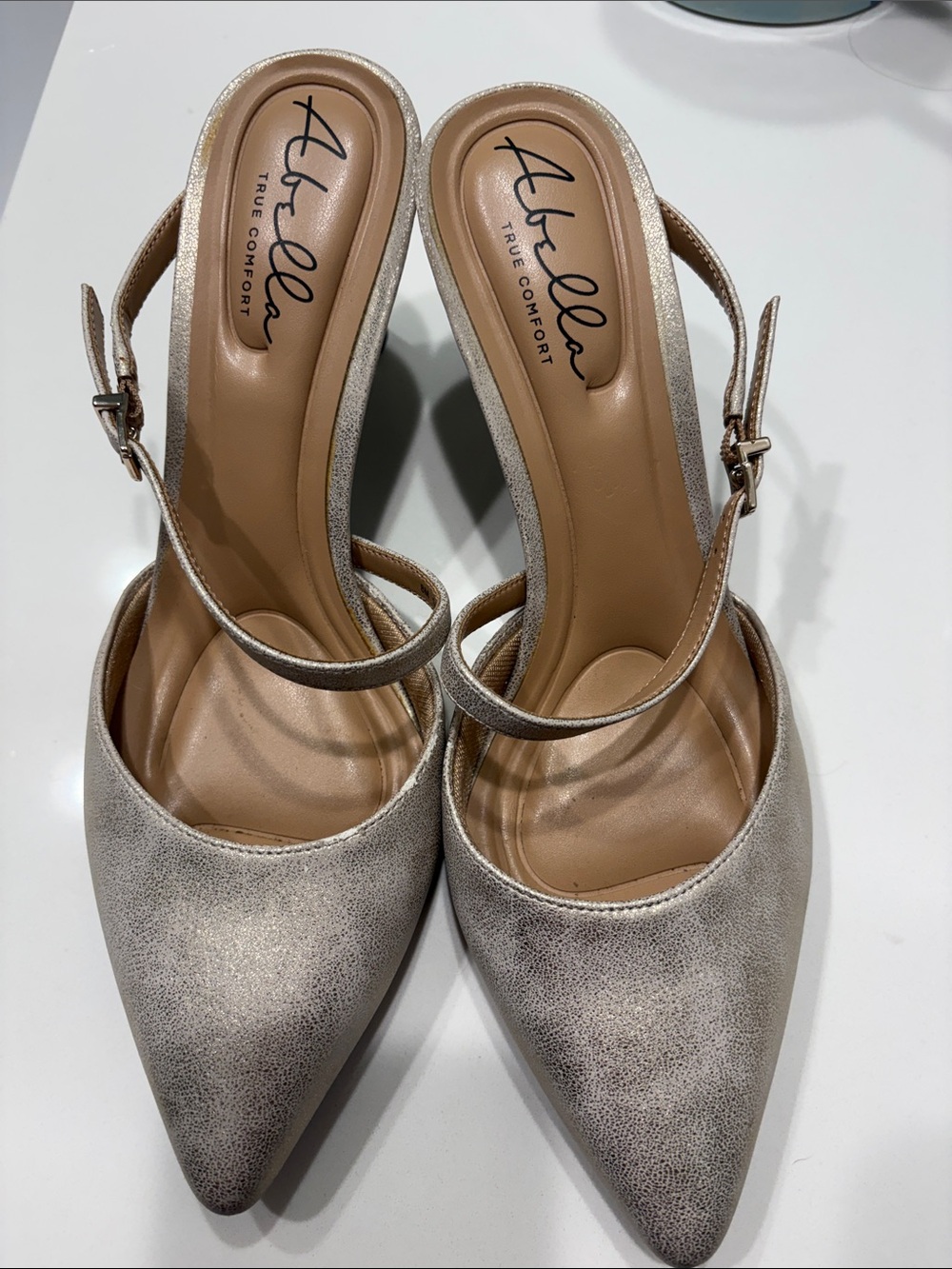 Abella Champagne Metallic Pointed-Toe Slingback Heels